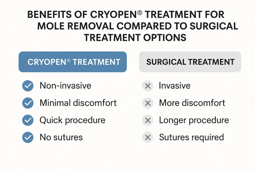 Table to show the benefits of getting moles removed Brentwood from LA LIPO