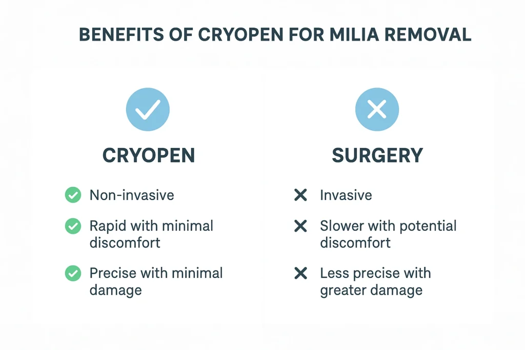 Benefits of cryopen for milia removal Brentwood compared to surgical treatments.