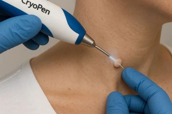 Person receiving cryotherapy Brentwood for skin tag removal