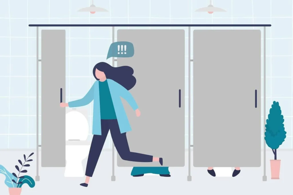 graphic of Urine incontinence Brentwood woman running to the toilet.