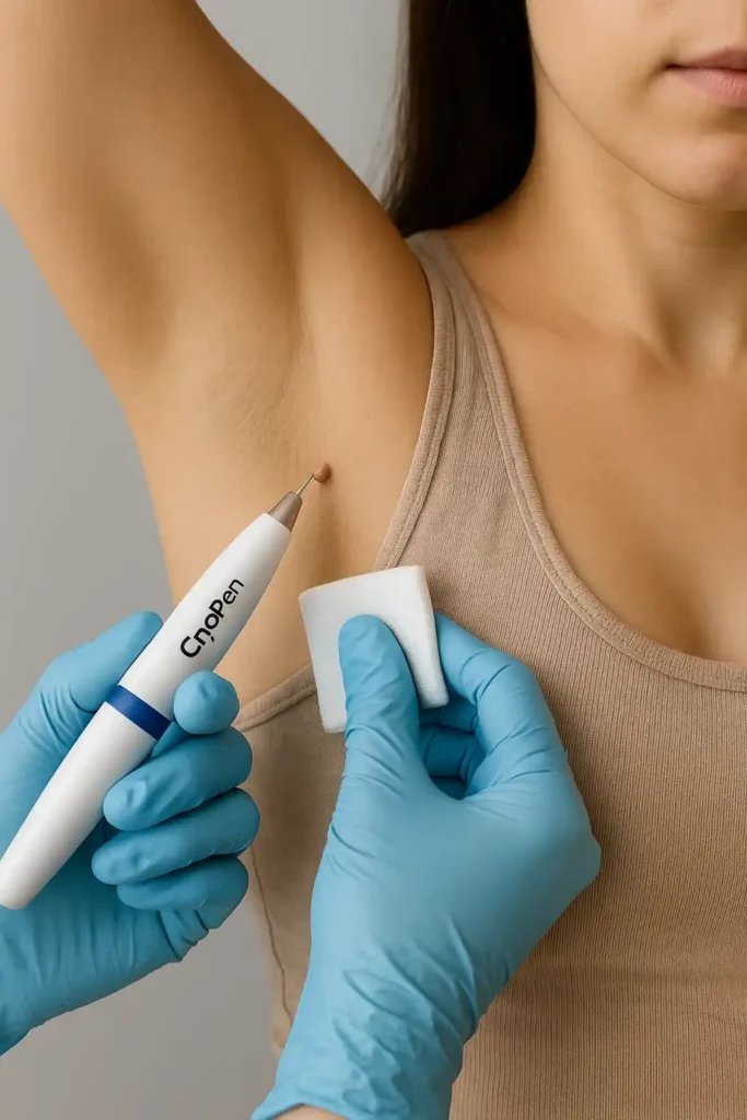 woman having cryopen to remove underarm skin tags Brentwood