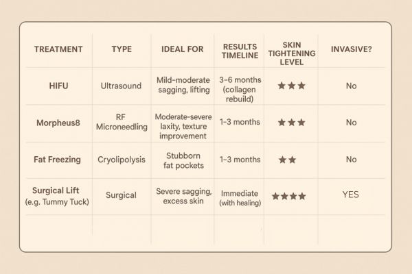 Table showing the comparisons of Skin tightening Brentwood treatment options.